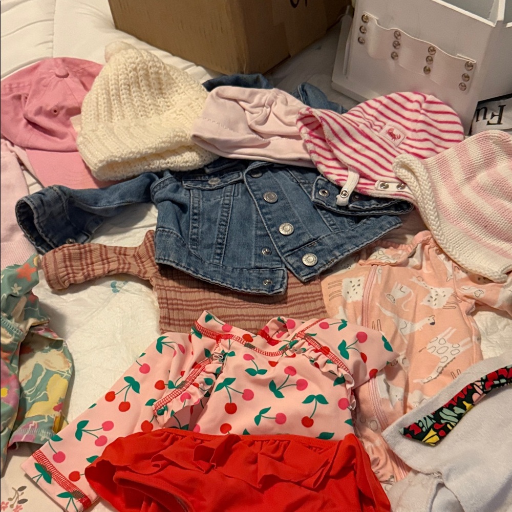 Carter's Pink and Red Cherry Rashguard Set and denim jackets. hats. etc.